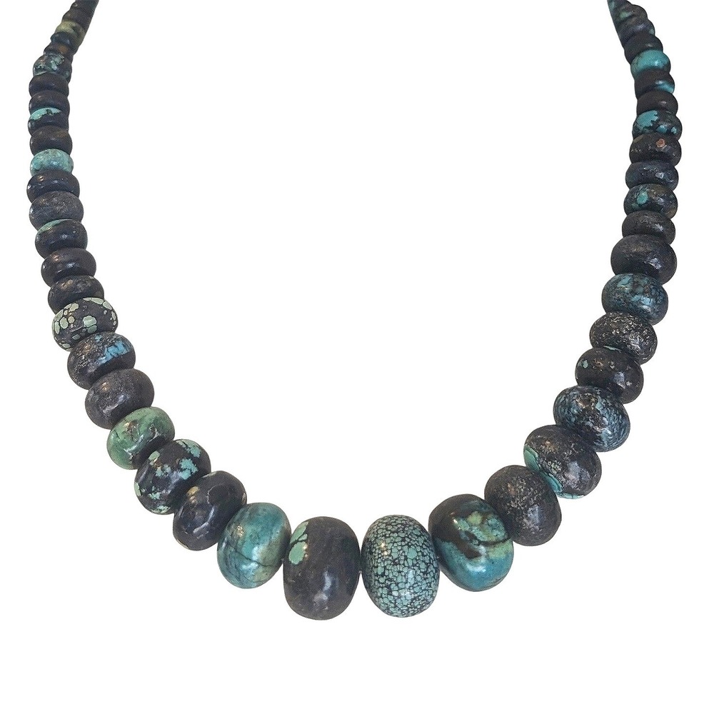 Natural Graduated Turquoise Web Matrix Beaded Necklace Sterling Silver 20.5 In